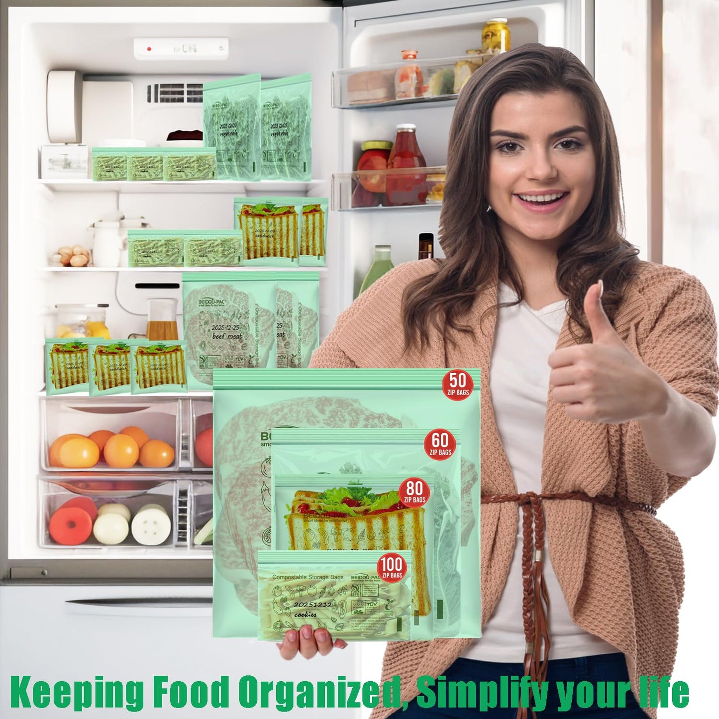 BEIDOU-PAC Compostable Combo Storage Zip Bags, 290 Count Resealable Variety Pack with Organizer, Reclosable Biodegradable Eco-Friendly Compost Snack, Sandwich, Quart, Gallon Assorted Size Bags
