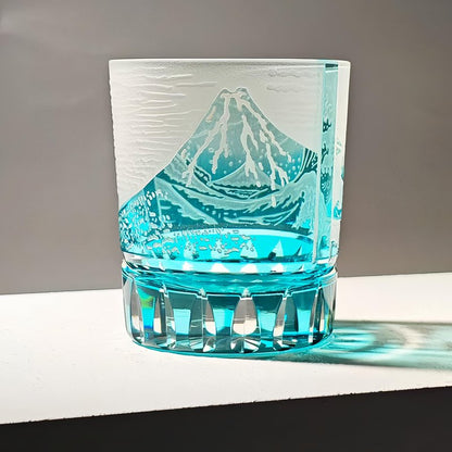 suigetsu Crystal Luxury Whiskey Glass, Mount Fuji Design, Japanese Style Hand Cut Glass Tumblers (turquoise)