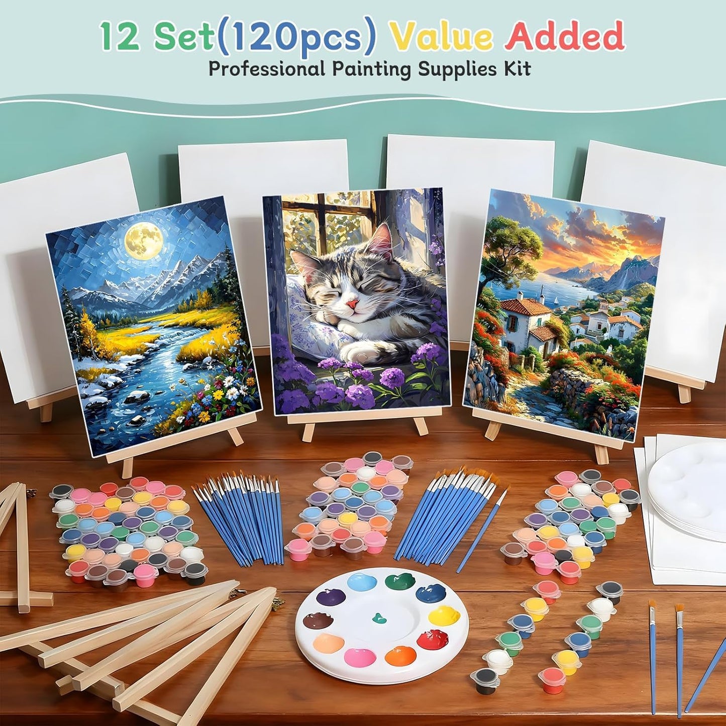 120pcs 8x10 Inch Painting Supplies Kit, 12Pack Art Canvas Bulk with Easel Stand, 12 Colors Mini Acrylic Paint Set, Small Paint Brushes, Paint Trays, Painting Kit