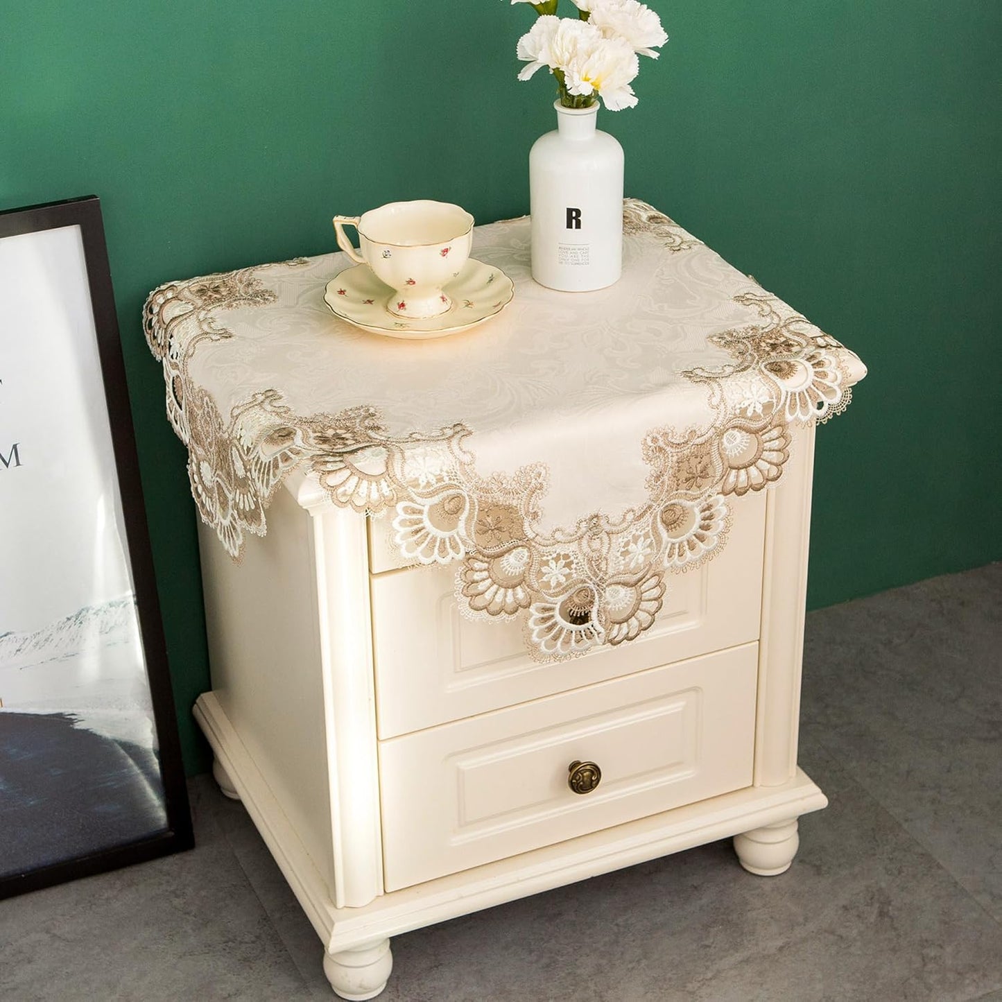 24x24 inch Lace Small Square Tablecloth Embroidered Farmhouse Table Cloth with Macrame Border Side Table Cover