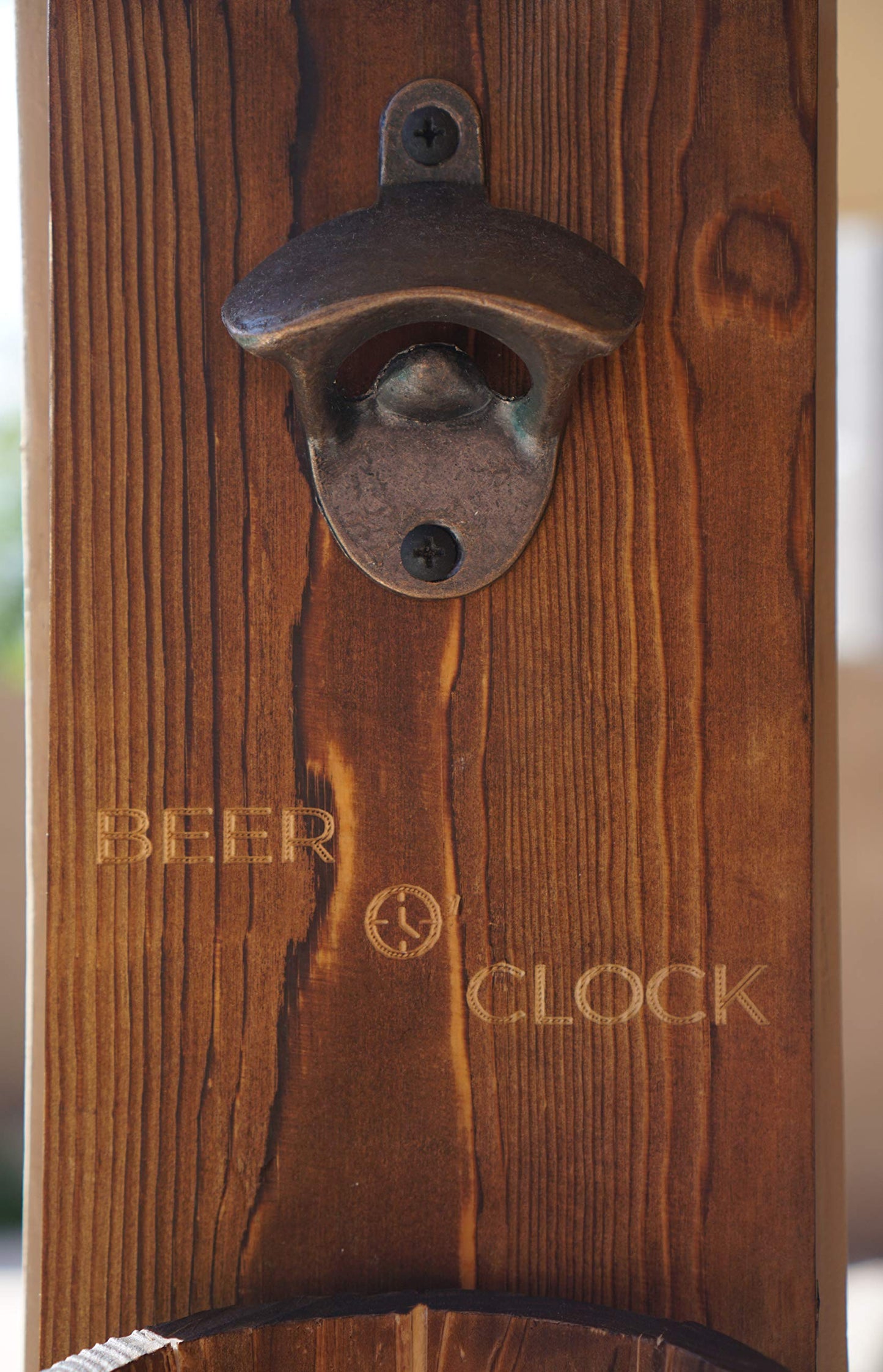 Thirsty Solutions - “Beer O’ Clock” Rustic Wall Mounted Bottle Opener and Catcher - Dark Stain Pine with Zinc Alloy Opener - Removable Wooden Bucket - Man (or Woman) Cave Ready