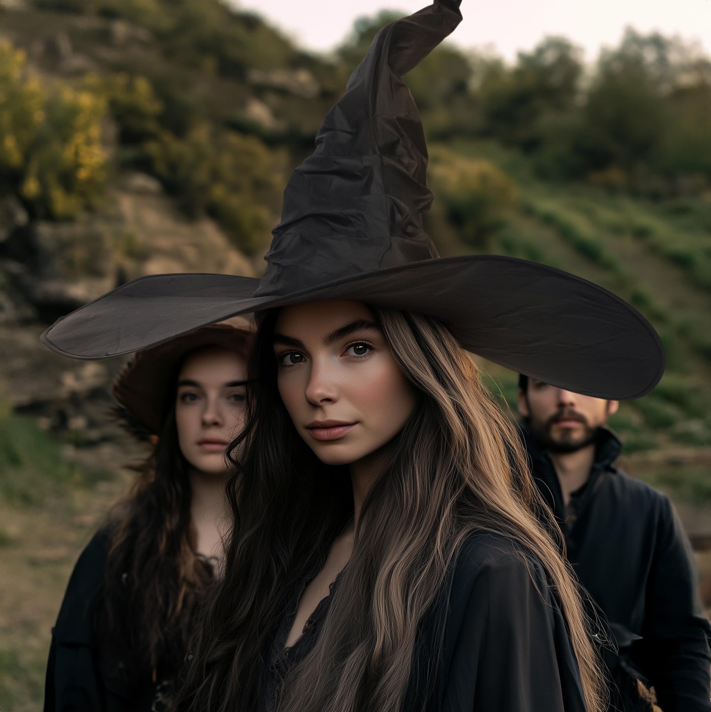 JEGERMIG Women's Black Masquerade Ruched Witch Hat Oversized Witches Hats Wide Brim Party Accessory