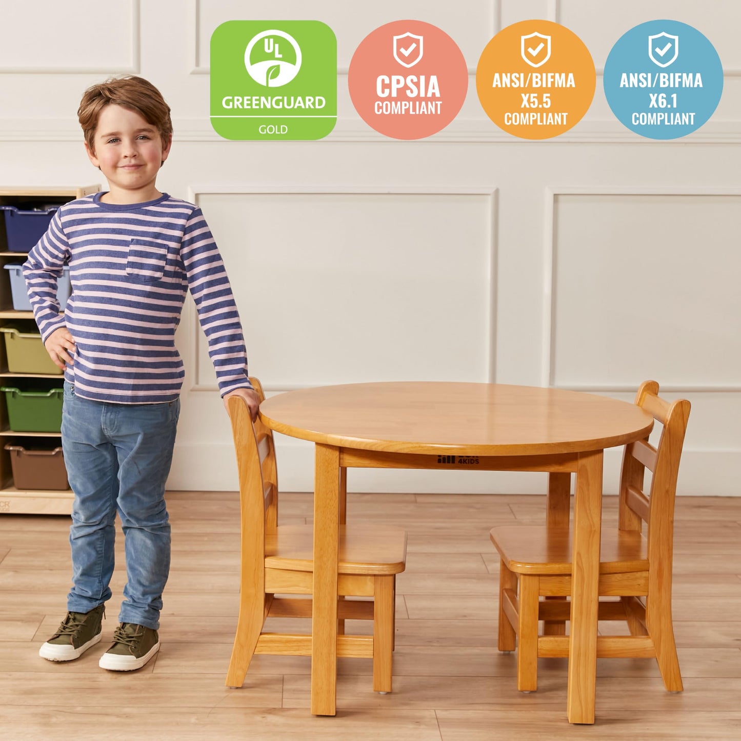 ECR4Kids 30in D Round Hardwood Table with 20in Legs and Two 10in Chairs, Kids Furniture, Honey, 3-Piece