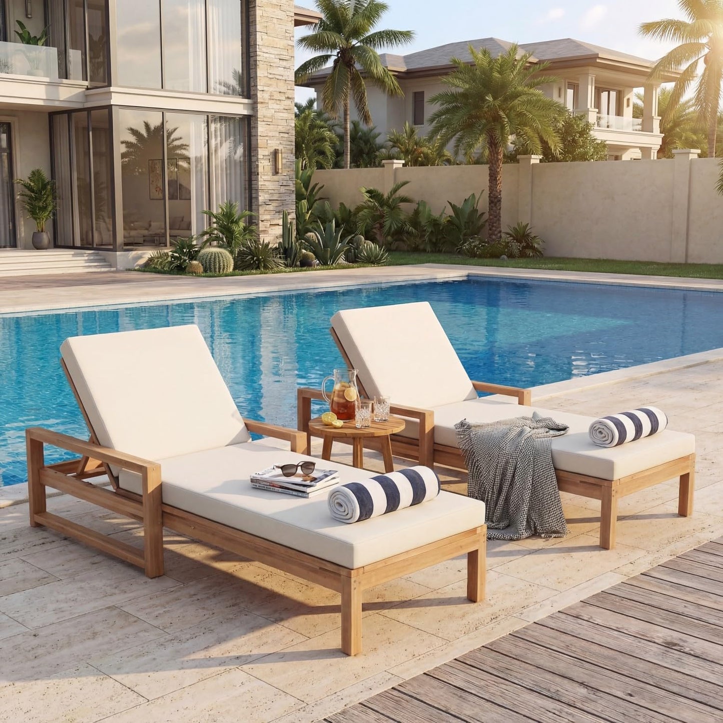 Outdoor Chaise Lounge Chair Set of 2, Patio Chaise Lounge Recliner with Adjustable Backrest, Acacia Wood Poolside Chaise Lounge with Thick All-Weather Cushions for Patio, Deck and Backyard(A)