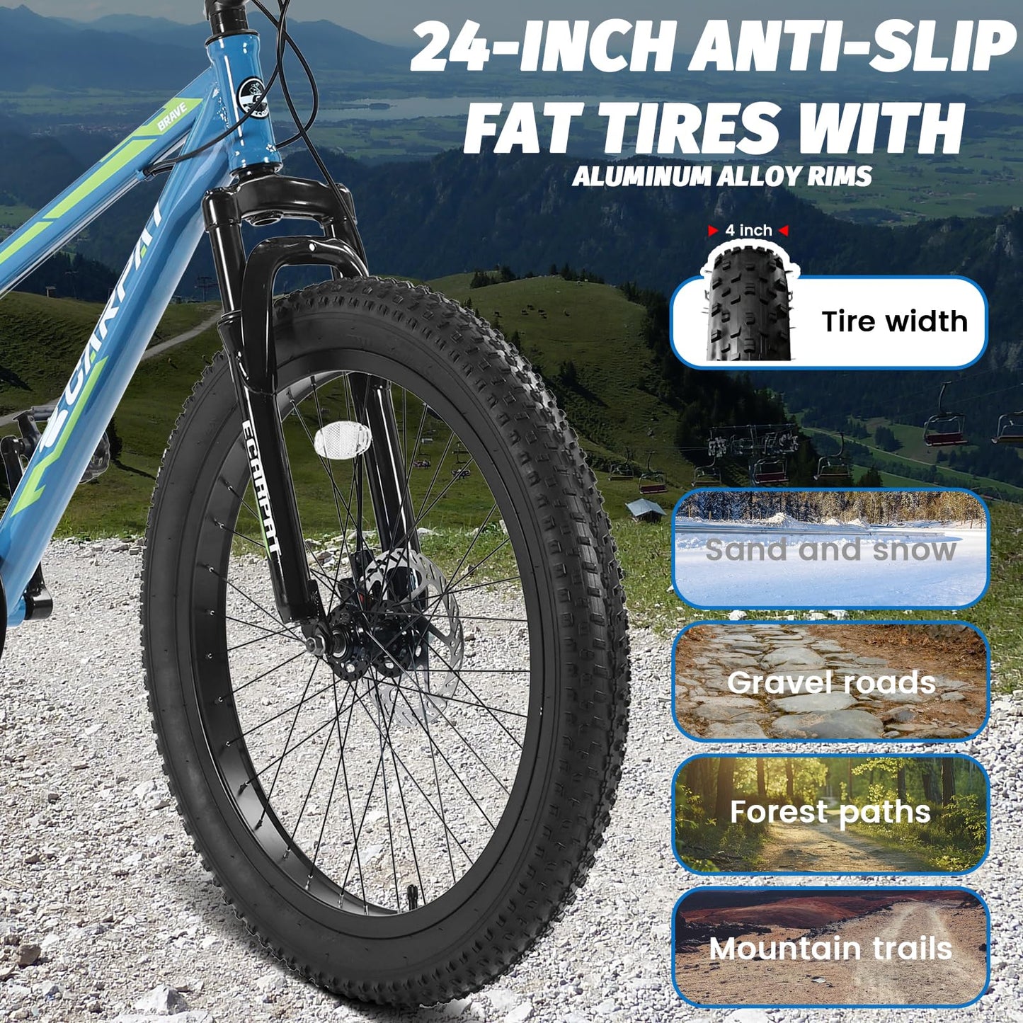 24 Inch Fat Tire Bike Adult/Youth Full Shimano 7 Speeds Mountain Bike, Dual Disc Brake, High-Carbon Steel Frame, Front Suspension, Mountain Trail Bike, Urban Commuter City Bicycle (BlUE, 24inch)
