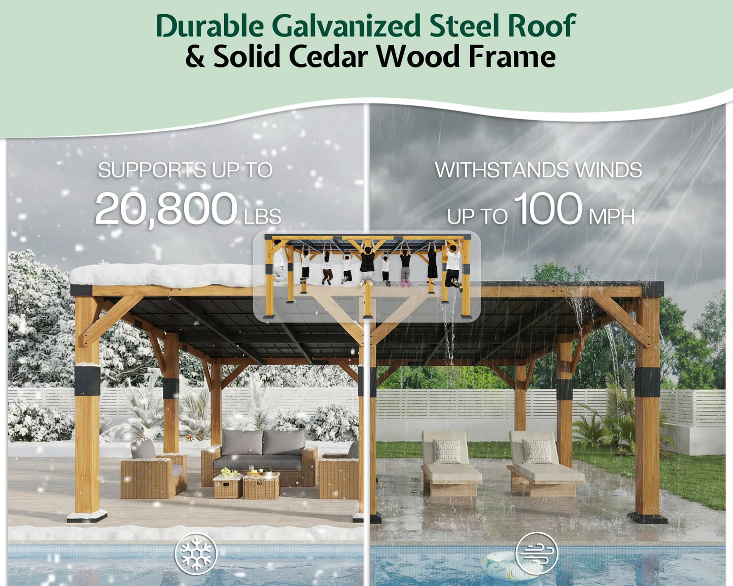 Jocisland 20' x 20' Cedar Wood Gazebo with Sloped Galvanized Steel Roof, Hardtop Gazebo Pavilion with Durable, Rot-Resistant Construction, Permanent Outdoor Pergola for Backyard, Garden & Deck