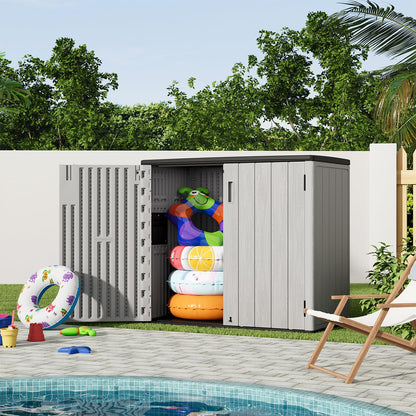 KINYING Outdoor Horizontal Storage Sheds,37 Cu.ft Outdoor Storage Cabinet Waterproof Resin Tool Storage Box for Lawn Mower,Garden Tools and Patio Furniture, Lockable (Grey)