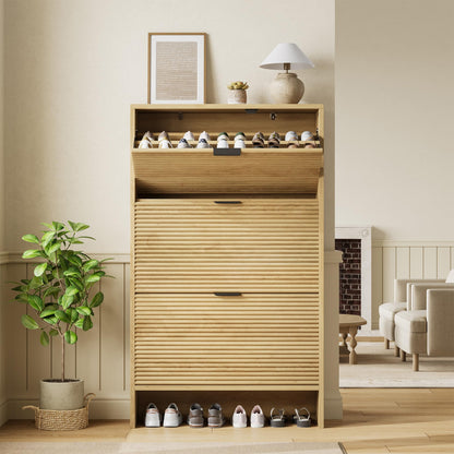 CABIHOME Shoe Storage Cabinet for Entryway, 32" Wide Fluted Shoe Cabinet with 3 Flip Drawers Doors, Shoe Rack Tall Freestanding Shoe Organizer for Entrance, Hallway, Living Room, Natural