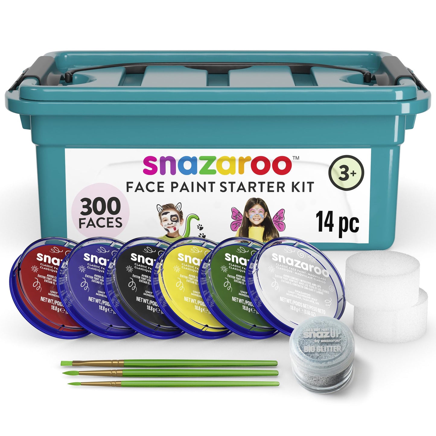 Snazaroo Face Paint Mini Starter Kit,14 Piece Set, 6-Color Palette with Brush, Sponge, Bio-Glitter and Guide - Non-Toxic, Water-Based, Easy Application for Kids, Adults, Parties, Halloween & Events