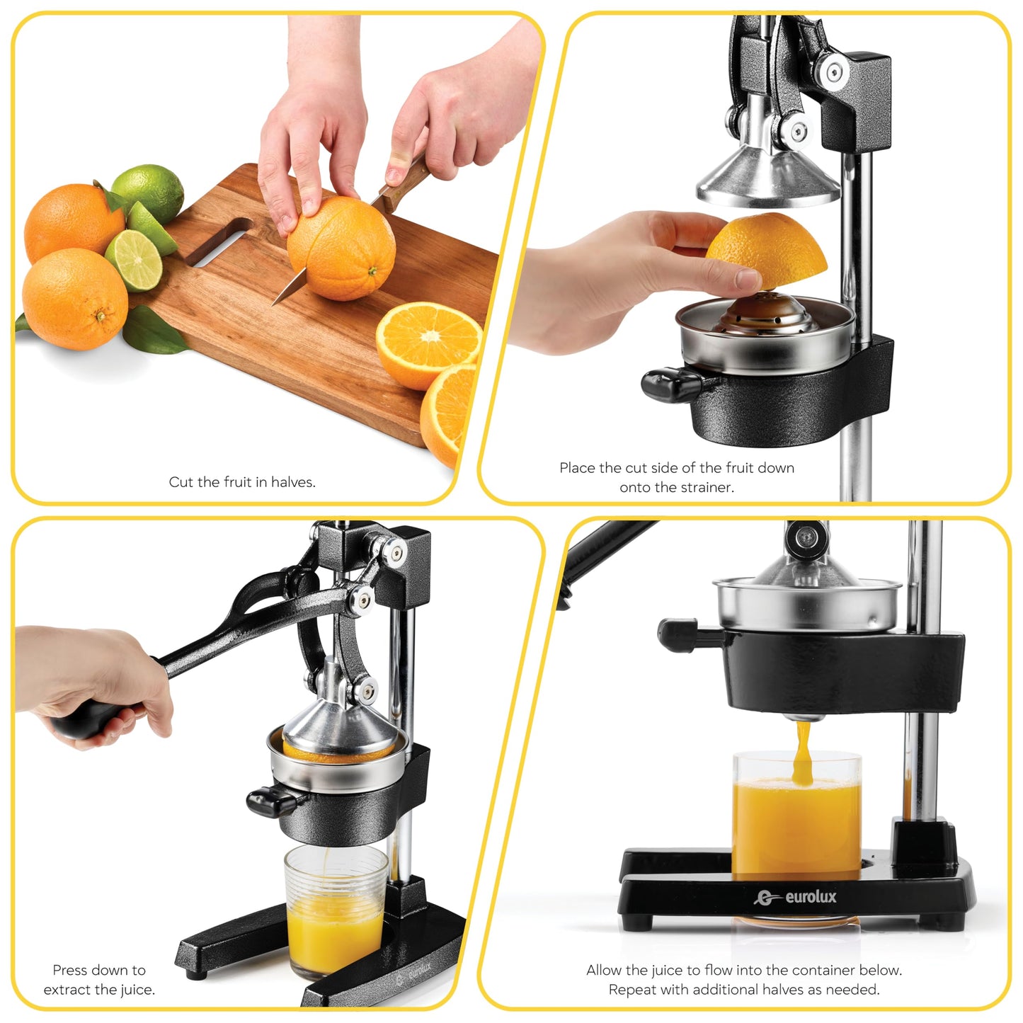 Eurolux Ultra-Premium Cast Iron Juicer | Extra-Large, Heavy Duty, Commercial Grade, Stainless Steel Manual Hand Press Citrus Squeezer For Fresh Orange Juice, Pomegranate, Lemon, and Much More (Black)