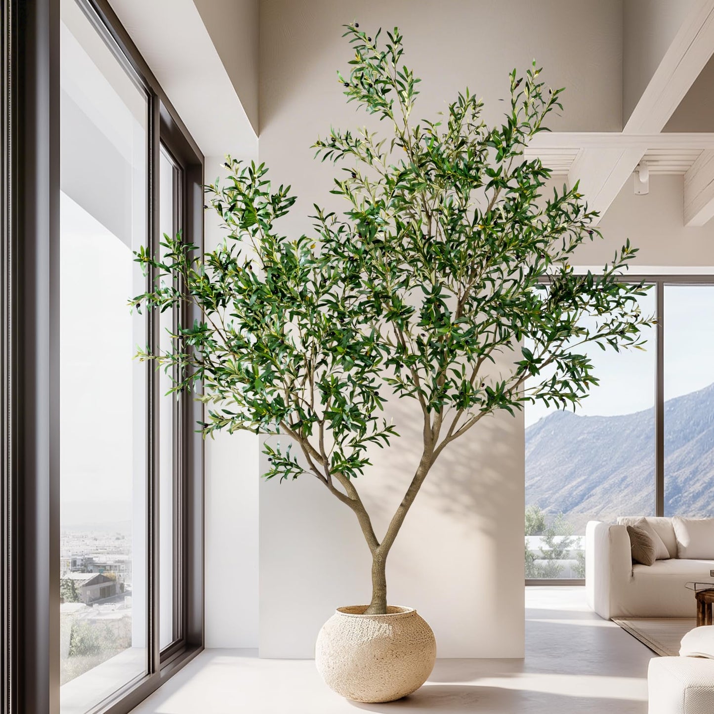10FT Artificial Olive Tree with Realistic Leaves & Natural Trunk, Faux Silk Olive Plant in White Planter, Tall Fake Tree for Modern Home Office Living Room Entryway Corner Decor, Maintenance Free