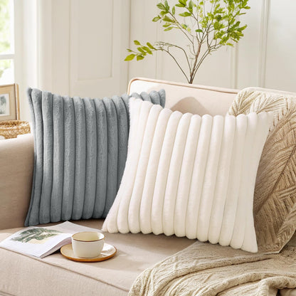 Pallene Faux Fur Pillow Covers - Luxury Soft Fluffy Striped Design | Set of 2, 18x18, Cream White