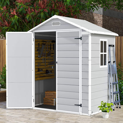 Patiowell 6x4 FT Resin Outdoor Storage Shed with Floor, Plastic Storage Shed with Lockable Door, Outside Shed Perfect to Store Patio Furniture, GardenTools Bike Accessories, Lawn Mower, Light Gray