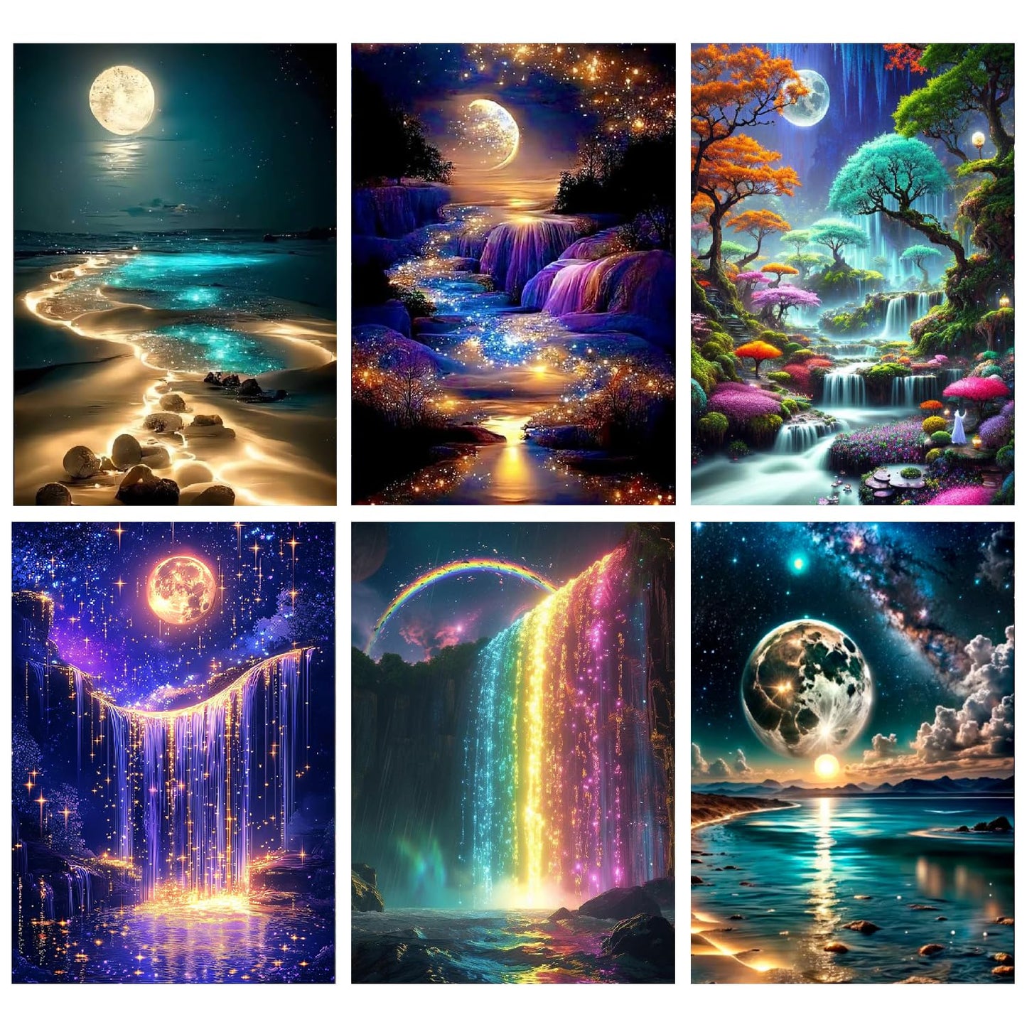 Mowana 6 Pack Diamond Art Kits for Adults - Moon Beach Diamond Painting Kits for Adults Beginners, 5D DIY Round dots Full Drill Gem Art for Home Wall Decor and Gifts 12x16inch