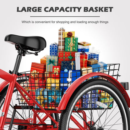 H&ZT Adult Tricycle, 3 Wheeled Bike, Trike Cruiser Bike, with 7-Speed Gear, Parking Brake Handle, Low Step, Large Rear Basket, Elderly Friendly, for Men, Women, and Teens