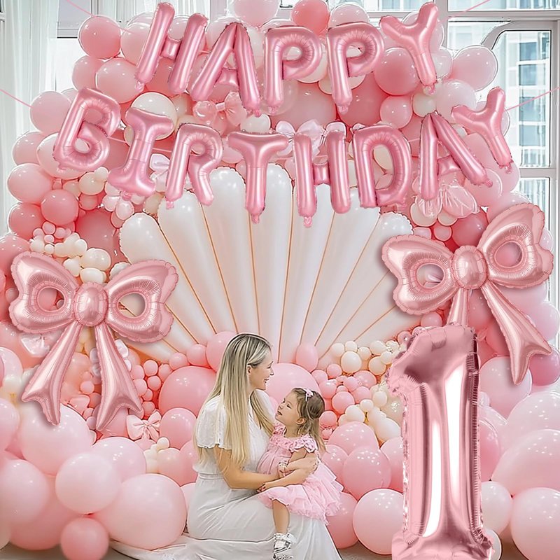 Pink Happy Birthday Balloons, 31”Huge Pink Bow Aluminum Foil Balloons for Girl Woman Birthday, Princess, Coquette Party Decorations Supplies