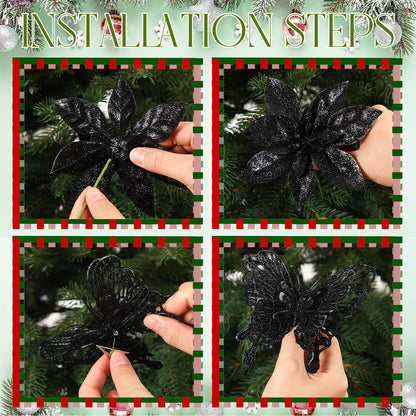 Thiccywoov 122 Pcs Christmas Glitter Poinsettia Artificial Flowers Berry Picks Butterfly Christmas Tree Ornaments 3 Styles Poinsettia kit with Clip for Xmas Wreath Home Tree Decor(Black)