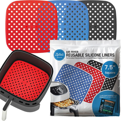 Reusable Air Fryer Liners 3 Pack, 7.5" Square Silicone for 3-5QT or Bigger, Easy to Clean Non-Stick Parchment