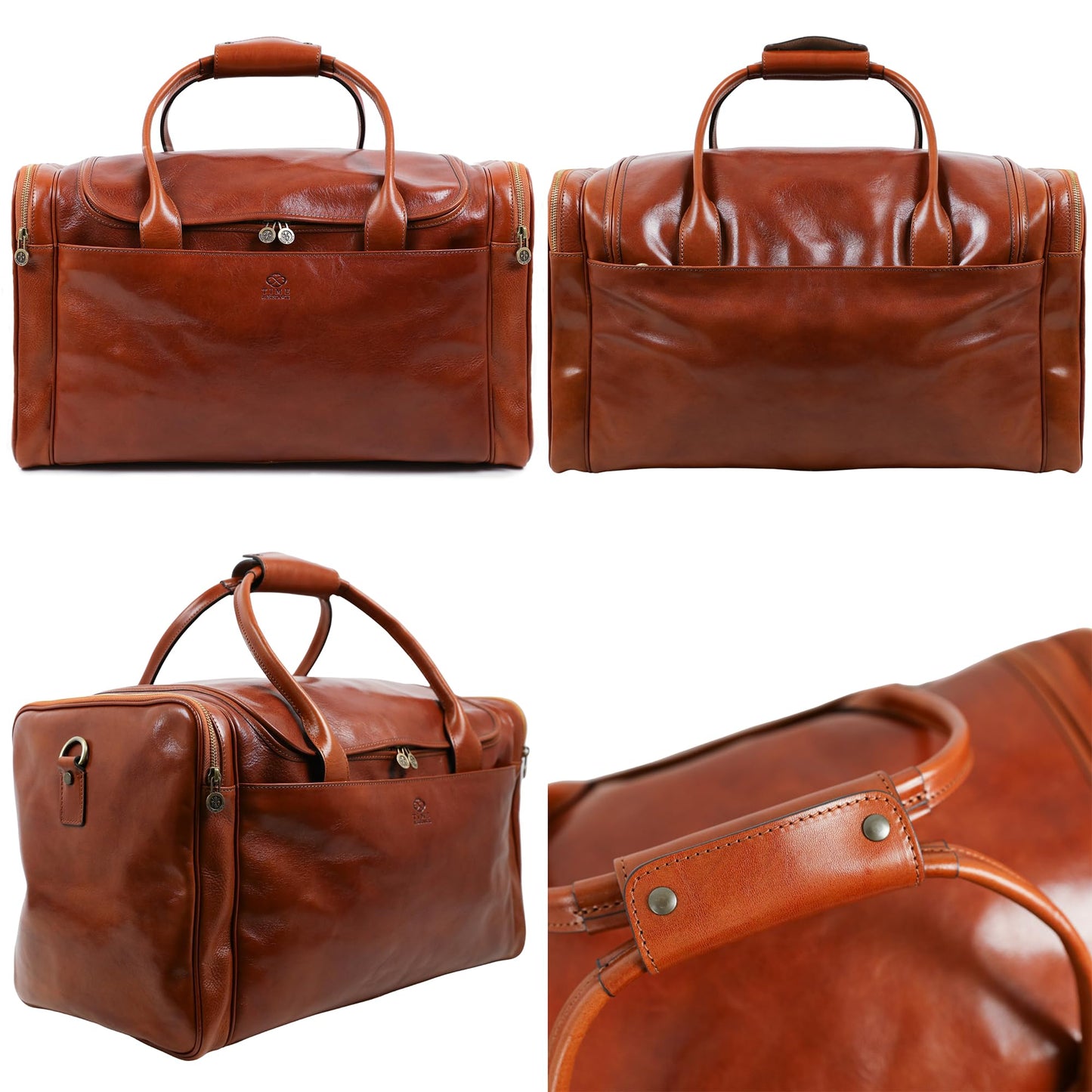 Time Resistance Leather Duffel Bag - Large Weekend Gym Travel Bag (Cognac Brown)