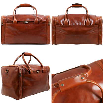 Time Resistance Leather Duffel Bag - Large Weekend Gym Travel Bag (Cognac Brown)