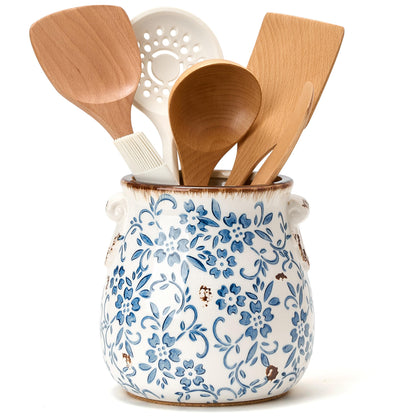 Utensil Holder for Kitchen Counter, Modern Farmhouse Rustic Cooking Utensil Holder and Crock, Exquisite Chinoiserie Floral Ceramic Utensil Organizer for Home Kitchen Decor- Blue and White Porcelain