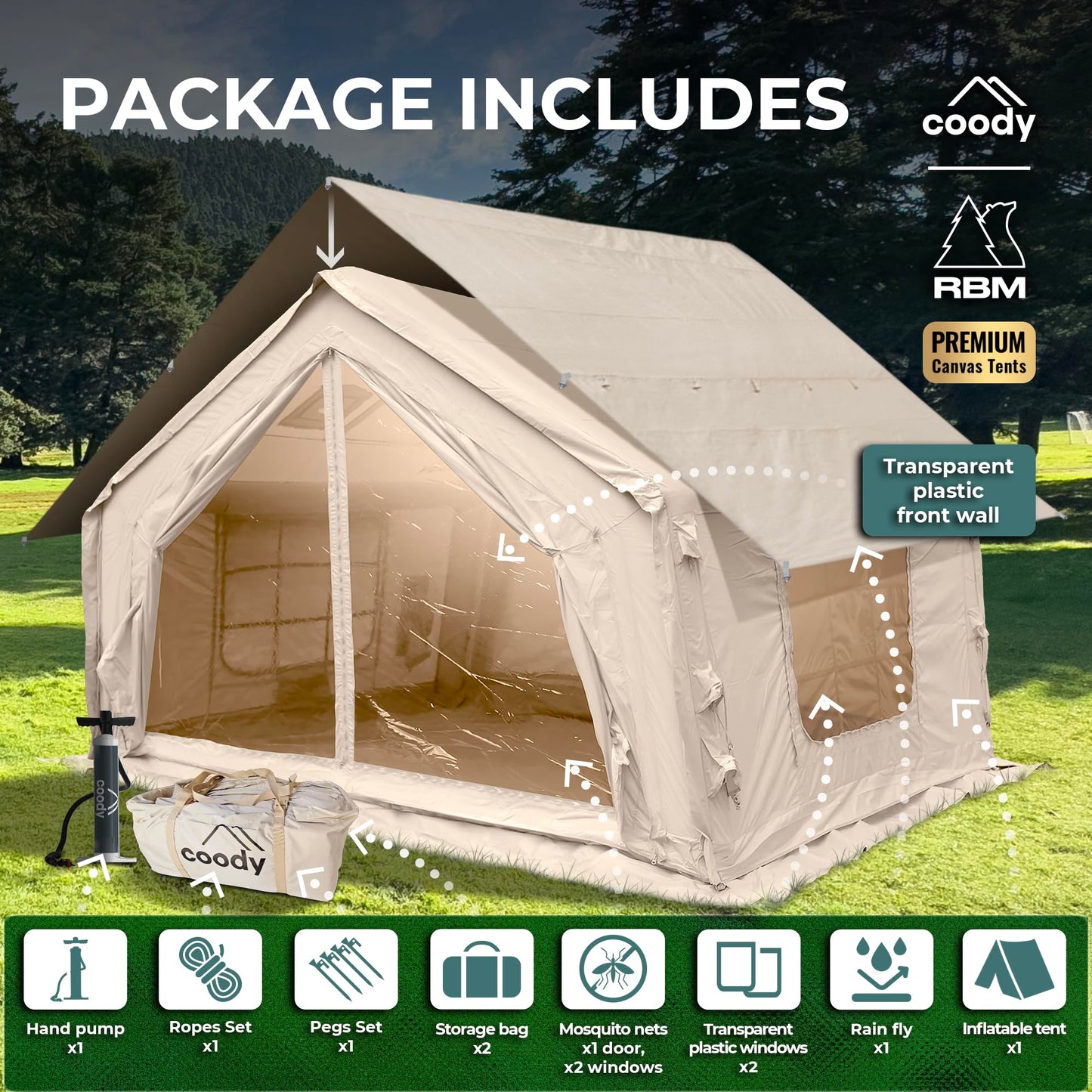 Coody 10.0 Inflatable Canvas Camping Tent for 2–4 People – Premium Air Beam Glamping Tent with Stove Jack, Breathable TC Cotton Canvas, Fast Setup Inflatable Family Tent with Pump, Beige