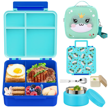 Bento Lunch Box Kids with 9oz Soup Thermo, Kids Leakproof Lunch Food Containers with 4 Compartment, Insulated Lunch Bag for Girls Boys to School Travel