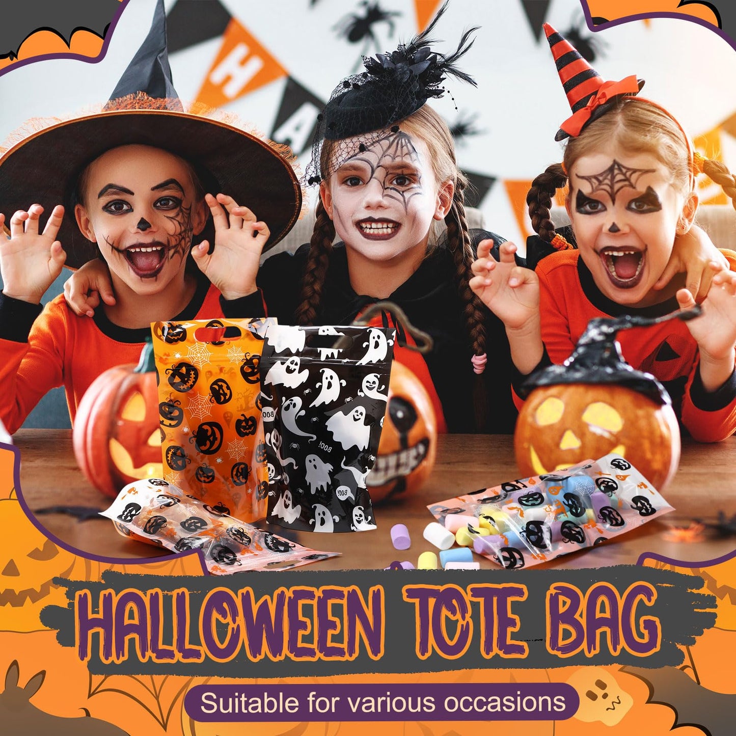 Gersoniel 100 Pcs Plastic Halloween Treat Bags with Handles Treat or Trick Halloween Goodie Gift Bag Resealable Pumpkin Ghost Candy Cellophane Zipper Bags for Gift Wrapping Supplies