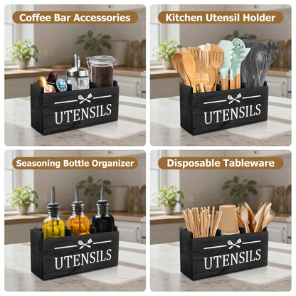 RedCall Wooden Kitchen Utensil Holder for Counter-top,Large Utensil Organizer for Storage Cooking Tool and Silverware,Extra Large Rustic Wood Container (Black)