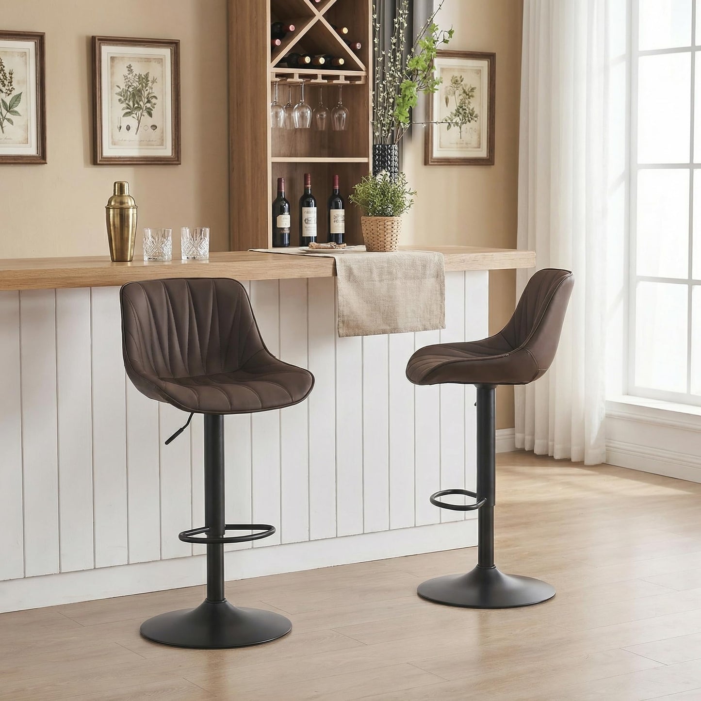 YOUNIKE Bar Stools Set of 2 Dark Brown, Faux Leather Padded Bar Stool Counter Height Swivel Bar Chairs, Adjustable Barstools with Back for Kitchen Island, Modern Tall Bar Stools