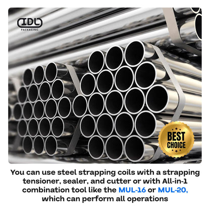 IDL Packaging 1/2" x 200' Steel Banding Strapping Kit, 1100 lbs Break Strength - Premium Heavy-Duty Banding Tool for Pallet Strapping - Strapping Tensioner, Sealer, Cutter/Crimper