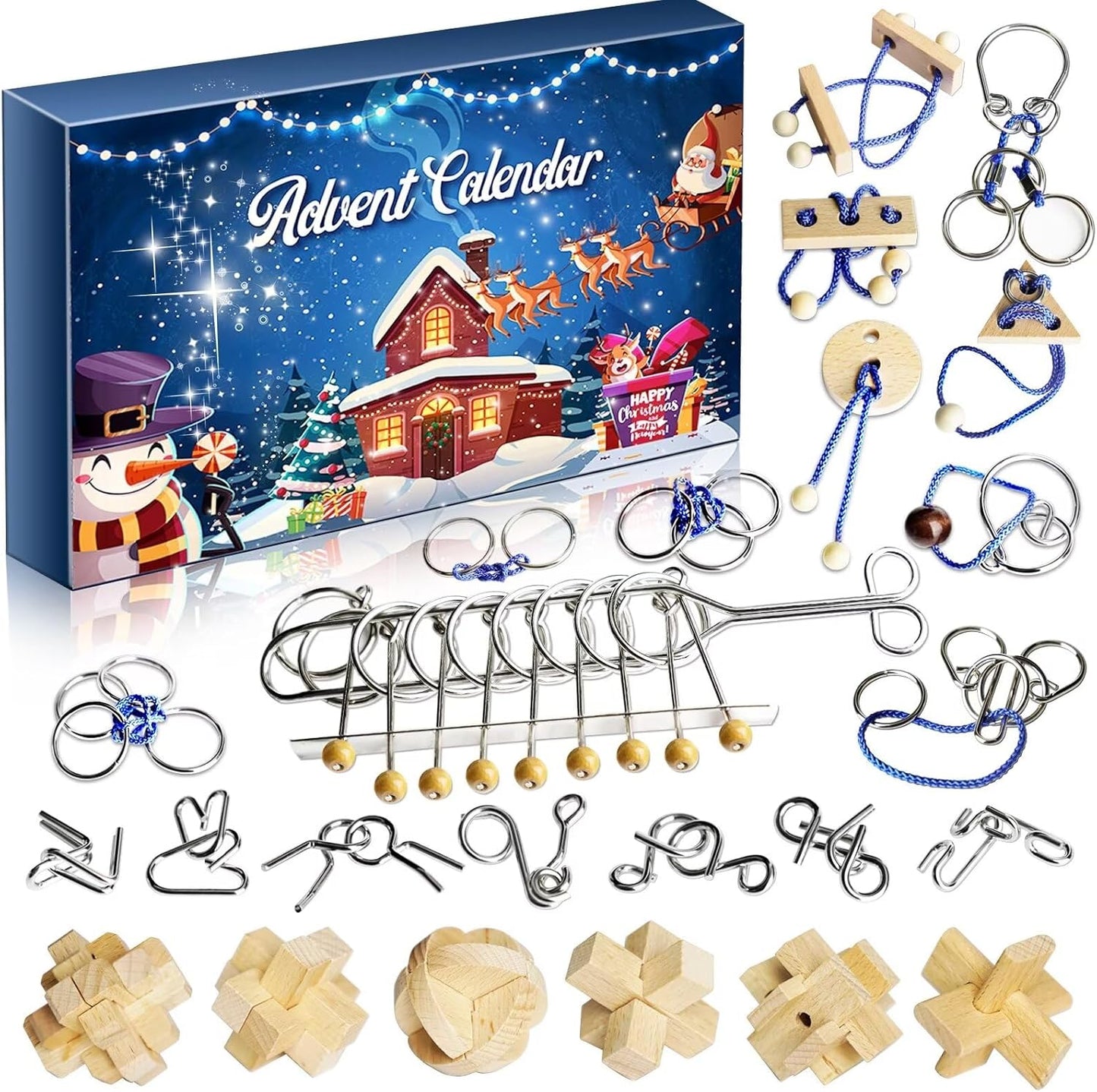 2026 24 Countdown Advent Calendar - Brain Teaser Puzzles for Teens Adults Older Kids, Pcs Metal & Wood Puzzle Christmas