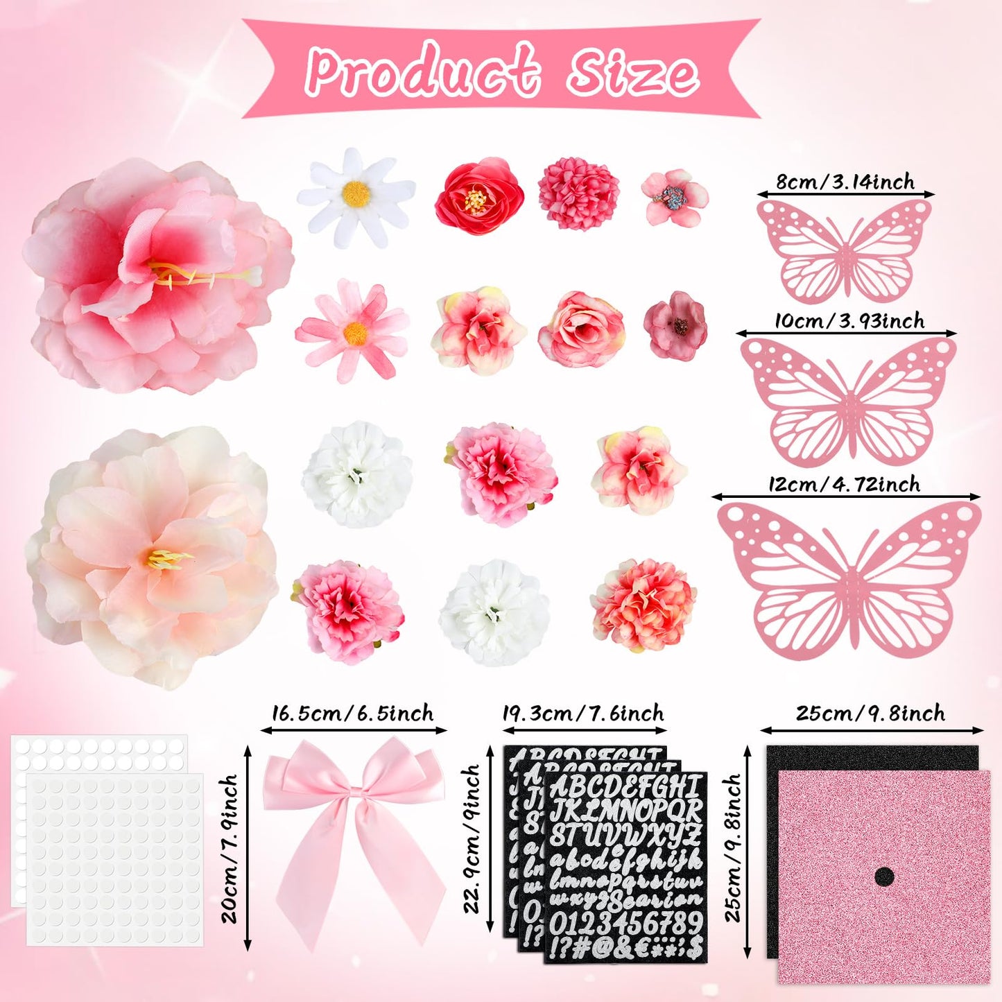 Naozinebi 55 Pcs Pink DIY Graduation Cap Decorations Faux Assorted Flowers Pink Bows 3D Butterfly Stickers Glitter Alphabet Letter Number Decals for DIY Hat Grad Cap Topper Graduation Party Supplies