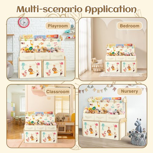 Kids Bookshelf Toy Storage Organizer Wooden Book Shelf with 1 Sling Bookcase and 5 Toy Bins,Toy Box for Boys Girls,3-Tier Nursery Book Shelves for Kids Rooms Bedroom,Playroom,Classroom,Animals