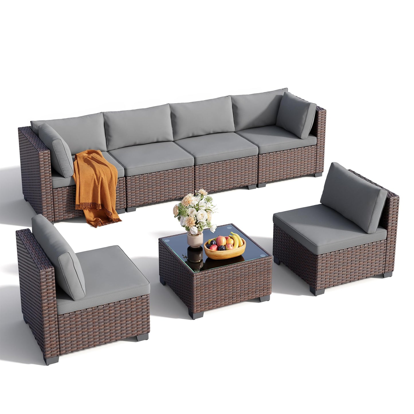 Qsun 7 Pieces Outdoor Patio Furniture Set, PE Rattan Outdoor Wicker Sectional Furniture Sofa Set, with Cushions and Glass Coffee Table, for Balcony, Porch, Garden, Grey