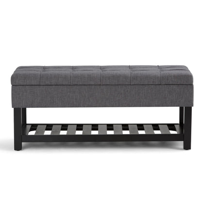 SIMPLIHOME Saxon Storage Ottoman Bench - 43 inch Wide Upholstered Linen Look Fabric Rectangle Storage Ottoman in Slate Grey, Transitional Bench for Bedroom with Tufted Lift-Top and Open Bottom Shelf