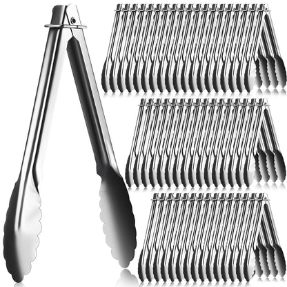Seewey Set of 50 Stainless Steel Serving Tongs 7 Inch Cooking Clamps with Sliding Rings Small Clam Shell Metal Non Slip Food Tongs for Kitchen Salad Buffet Grill Barbecue Appetizers, Silver