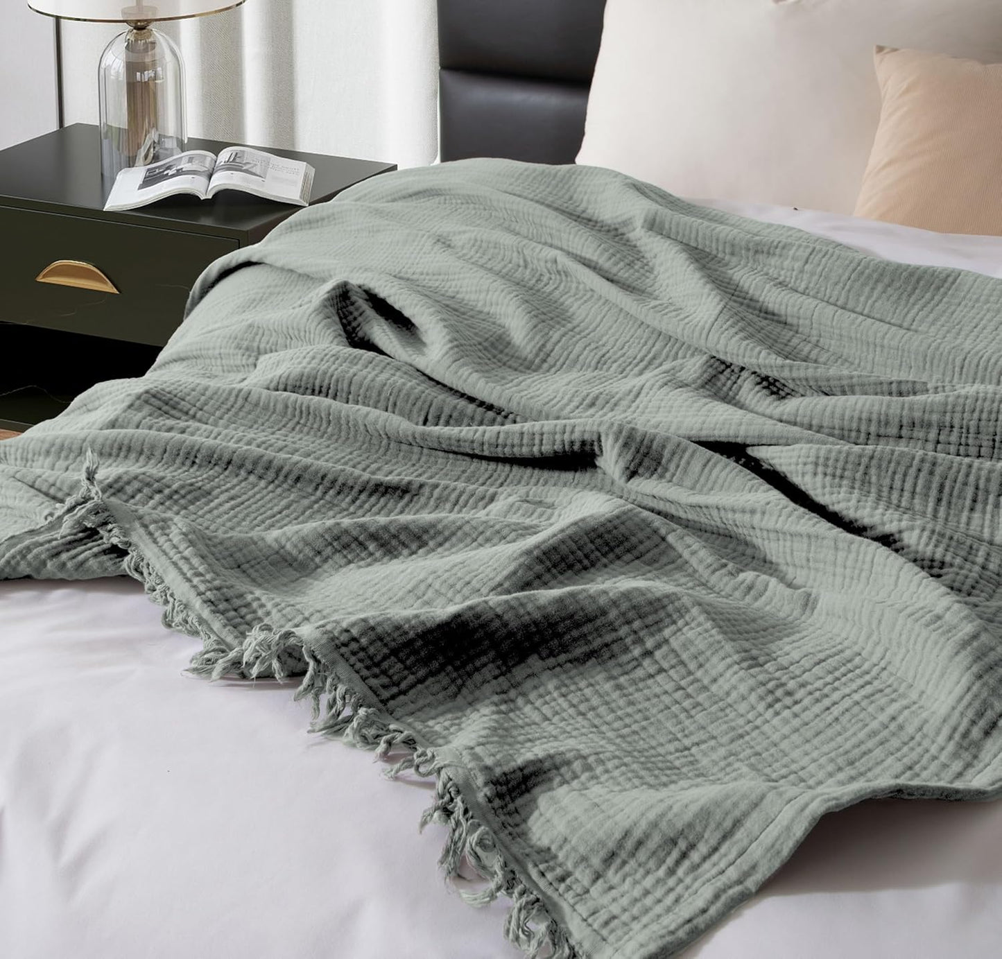 KyraHome 100% Organic Cotton 50"x60" Muslin Blanket for Adults, Couch, Pre-Washed Plant Dyed (Sage Green)