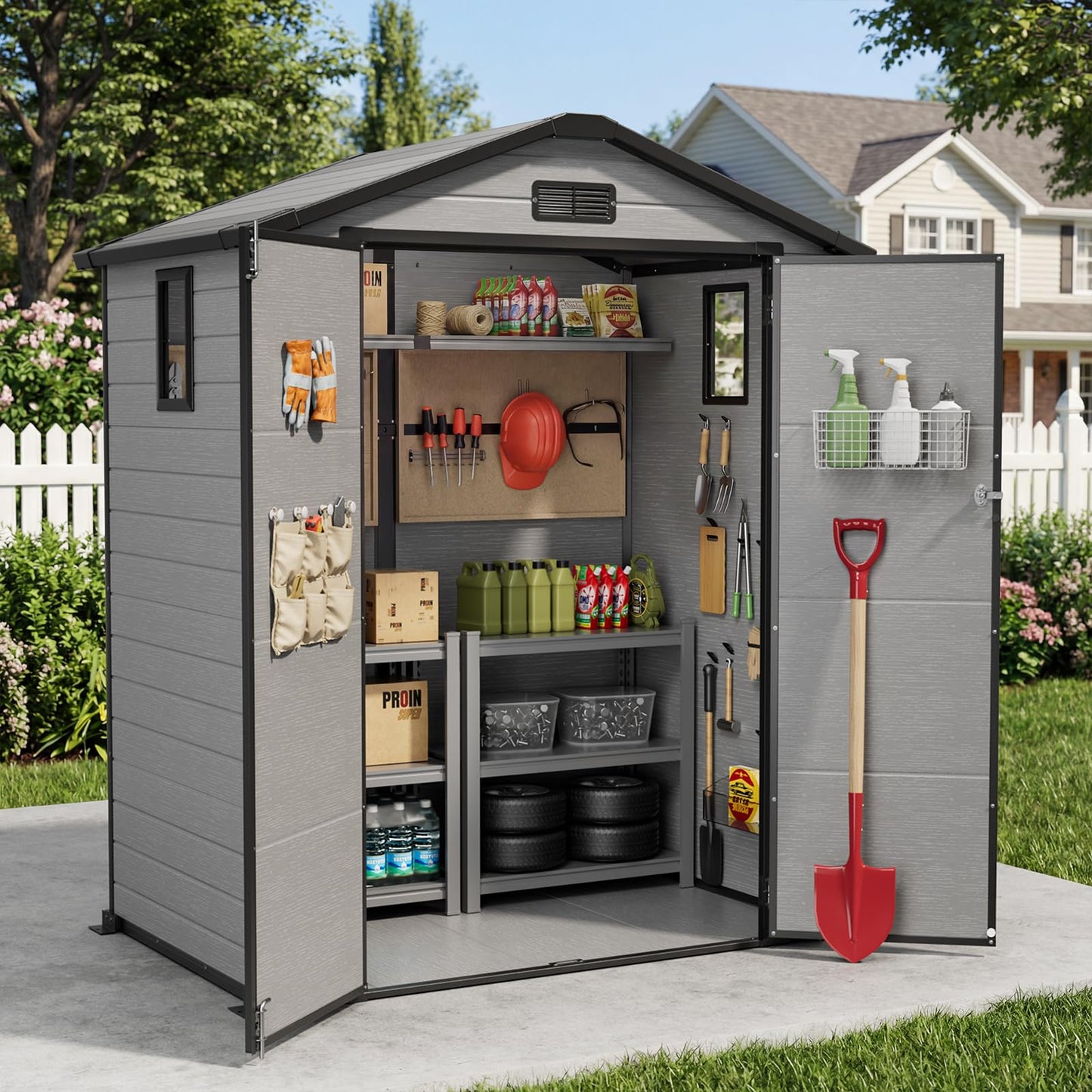 WUKHG 6X4 FT Plastic Storage Shed with Floor, Resin Storage Shed with Drainage Channel & Lockable Door, Outdoor Plastic Sheds Suitable for Bikes, Furniture, Gardening Tools