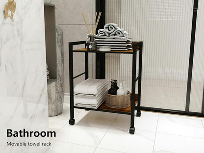 2-Tier Rolling Utility Cart Night Stand Organizer with Brown Wood Shelves and Black Metal Frame, End Side Table Storage