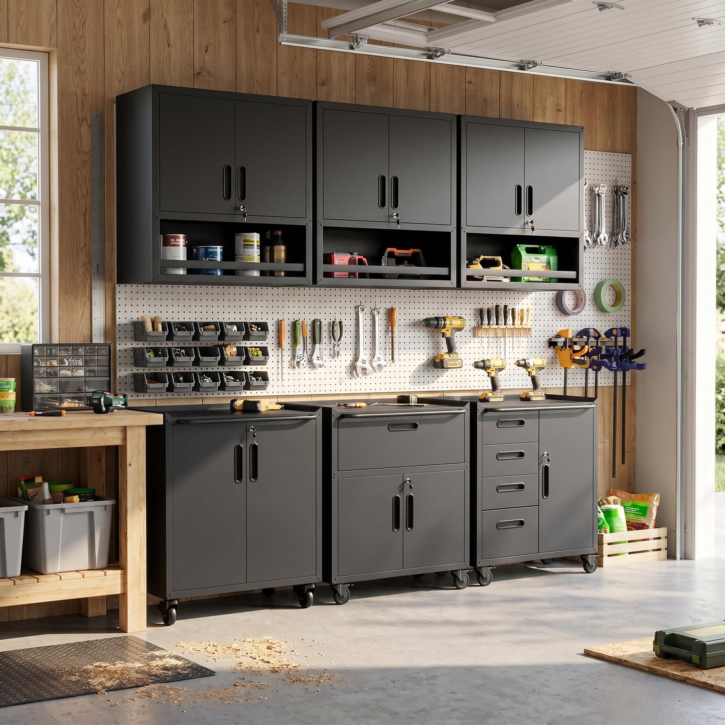 VIYET Metal Tool Cabinet,Garage Storage Cabinet System,Wall Cabinet & Locking Rolling Tool Cabinet with Doors and Adjustable Shelves,Steel Tool Cabinets for Home