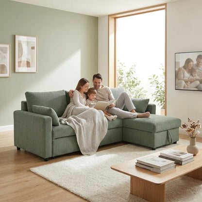 Trygoal Sectional Sleeper Sofa with Pull Out Bed, LShape Convertible Sofa Bed Couch with Storage Chaise, 3 in 1 Pull Out Sofa Bed with 3 Seats, for Living Room,Apartment, Green, 85Inch