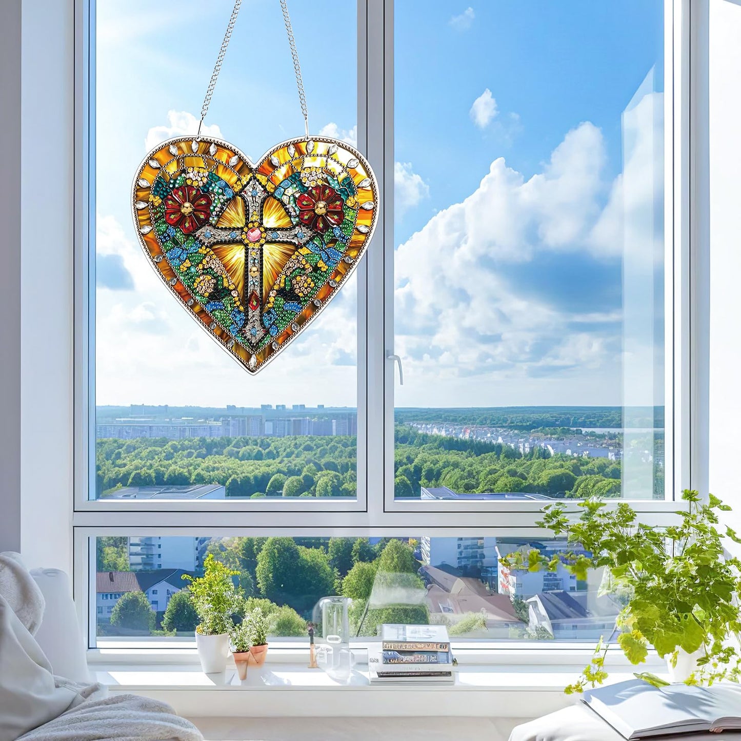 KEYIFA Diamond Painting Hanging Heart Shape Cross 3D Diamond Art Kits, Special Shaped Rhinestone Diamond Dots Kit for Adults Beginner, DIY Art Craft for Window Wall Door Decor, Double Sided