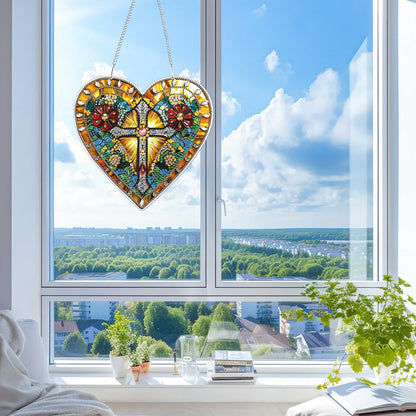 KEYIFA Diamond Painting Hanging Heart Shape Cross 3D Diamond Art Kits, Special Shaped Rhinestone Diamond Dots Kit for Adults Beginner, DIY Art Craft for Window Wall Door Decor, Double Sided