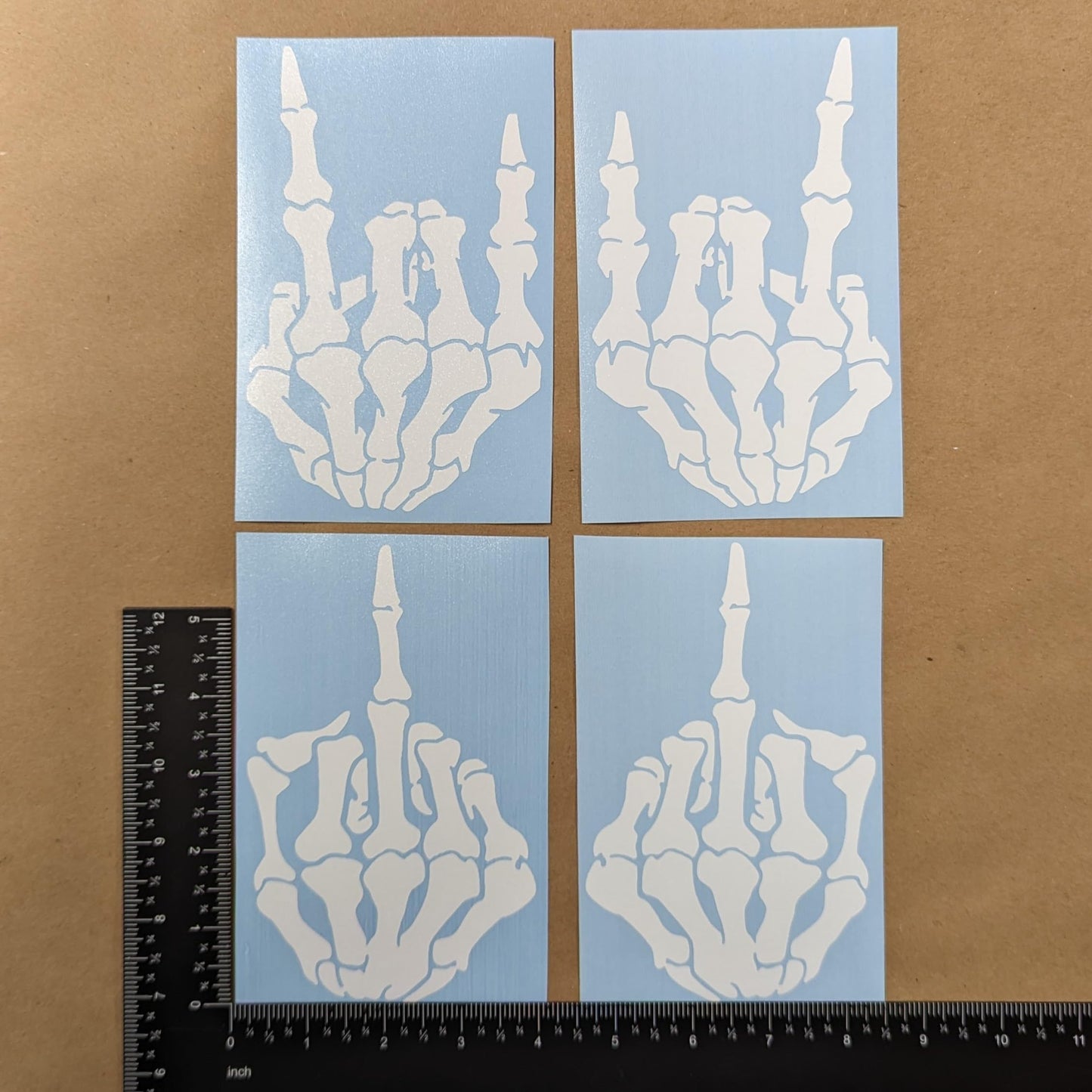 Skeleton Hands 4 Pack: Rock on Skeleton Hand Left and Right, Rock N Roll Gesture Decal, Skeleton Finger Decals (Large ~6", White)
