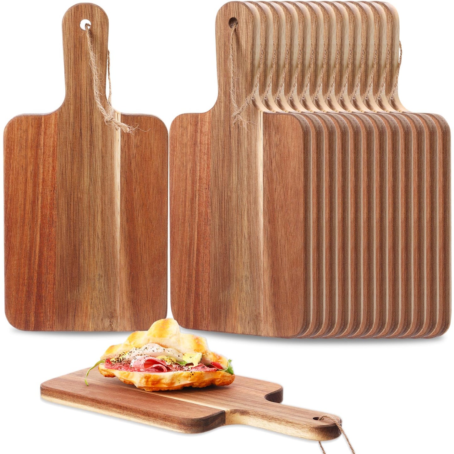 Geetery 16 Pcs Acacia Wood Cutting Board Bulk Kitchen Wooden Chopping Boards with Handle Serving Tray Charcuterie for Pizza, Bread, Cheese, Fruit, Vegetables Housewarming Gift(12 x 6 Inch)