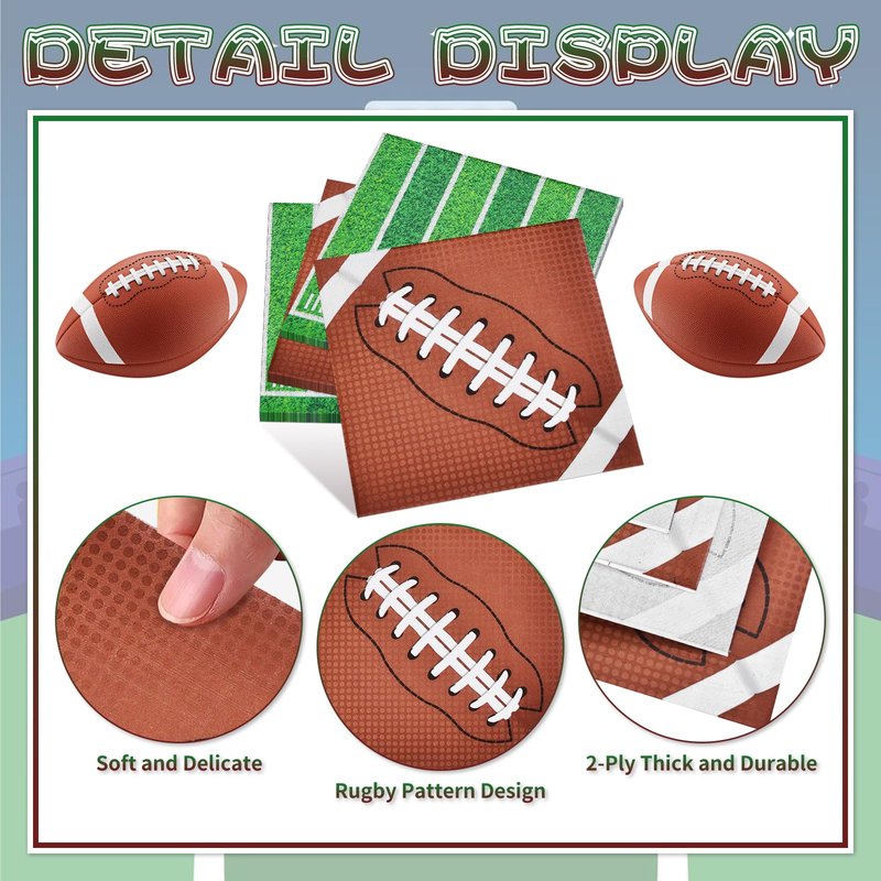 80 Count Football Paper Napkins - 2 Pattern 13 x 13 Inches Disposable Beverage Cocktail Napkins with Sports Ball and Field Designs for Tailgate Parties, Birthdays, and Sports Events