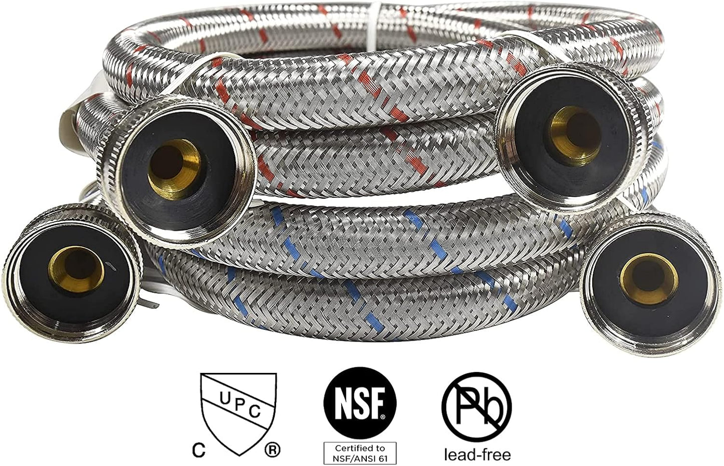HQRP Premium Stainless Steel Washing Machine Hoses, 4-FT Burst Proof, 2-pack Red and Blue Striped