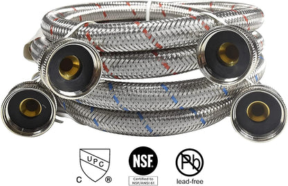HQRP Premium Stainless Steel Washing Machine Hoses, 4-FT Burst Proof, 2-pack Red and Blue Striped