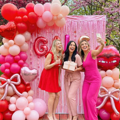 Galentine's Day Balloon Arch Kit - 133 Pcs Pink Red GALS Letter Balloons, Heart, Lip & Bow Foil Balloons with Pink Curtain for Valentine's Day, Bachelorette, Birthday Party Decorations